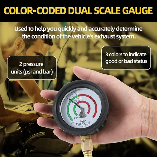 Vista 4 de Kit de probador de presión de escape CMTOOL con embalaje de cartón, medidor profesional de presión de escape de coche con manguera de 6 pies