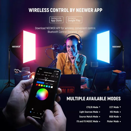 Vista 6 de NEEWER Kit de iluminación RGB equivalente a 180 W con control de aplicación y 9 efectos, paquete de 2 bombillas LED de 9 W 2700-6500K CRI93+