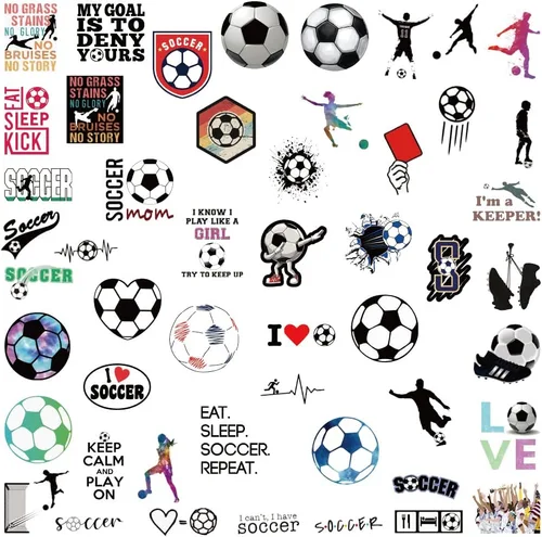 Vista 2 de Calcomanías de fútbol 100 calcomanías de vinilo impermeables de fútbol para botellas de agua, laptop, automóvil, equipaje, computadora, teléfono