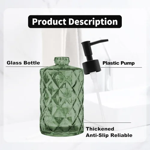 Vista 3 de Paquete de 2 dispensadores de jabón de vidrio verde de 12 onzas con bomba de plástico negro, botellas de jabón líquido recargables para manos, baño