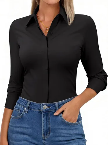 Vista 9 de Camisas con botones para mujer, ajustadas, de manga larga, elásticas, de vestir, camisa de trabajo, sin arrugas, blusa de oficina