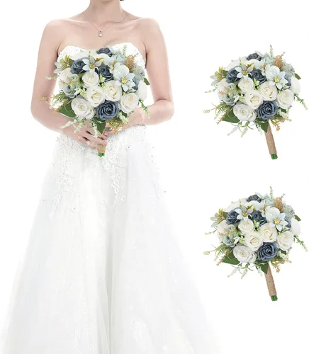 Vista 25 de Ramos para dama de honor para boda - Ramo de flores artificiales de 7 pulgadas para fiesta, ceremonia, aniversario, centros de mesa para mesa de Azul