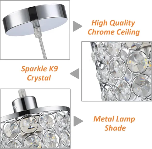 Vista 3 de Paquete de 3 lámparas colgantes de cristal, iluminación colgante de isla de cocina cromada, luces colgantes de techo con cable ajustable