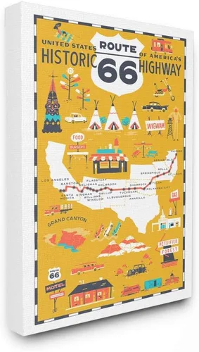 Vista 6 de Stupell Industries US Route 66 - Póster de mapa escénico ilustrado de color amarillo mostaza de gran tamaño, 12 x 0.5 x 18, multicolor