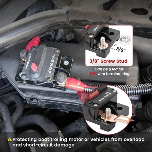 Vista 3 de RED WOLF Interruptor de circuito de 250 A, portafusibles de 12 V - 24 V CC Interruptor de reinicio manual para motor de arrastre de barco, vehículos