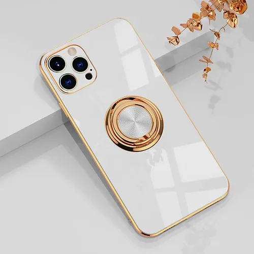 Vista 10 de aowner Funda compatible con iPhone 12 Pro Max con anillo chapado brillante, borde de oro rosa, soporte de rotación de 360 grados para mujeres y Negro