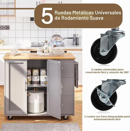 Vista 7 de SUNLEI Isla de Cocina con Carro de Almacenamiento, Carrito Rodante de Café Pequeño, Mesa de Corte de Madera, Microondas con 3 Cajones sobre Ruedas