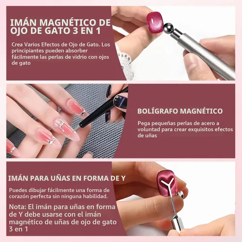 Vista 5 de Juego de 4 imanes de ojo de gato – Imán de ojo de gato negro para principiantes con imanes de uñas de corazón para arte de uñas, imán para esmalte