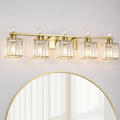 Vista 18 de Lxybcce Lámpara de tocador de baño de 18.8 pulgadas con pantallas de cristal transparente, accesorio moderno cromado de 3 luces para espejo, fácil