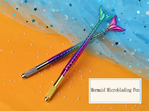 Vista 6 de XIAOYU 5 bolígrafos de microblading manuales de sirena, maquillaje permanente, hechos a mano, suministros con 10 agujas redondas y 10 agujas