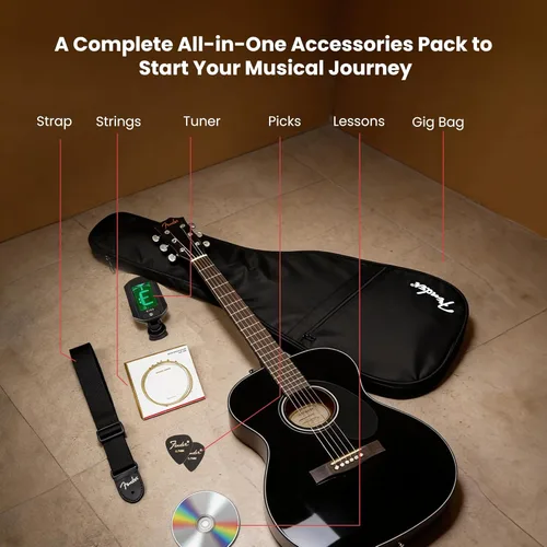 Vista 2 de Fender CC-60S - Guitarra acústica de concierto, paquete negro con estuche, afinador, correa, cuerdas, púas, libro de instrucciones y DVD instructivo