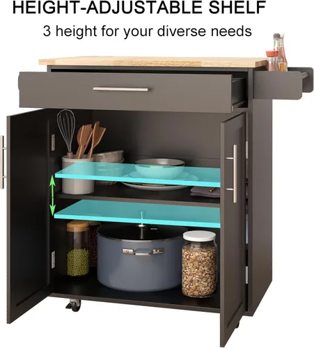 Vista 12 de RASOO Isla de cocina con almacenamiento, carrito de cocina blanco rodante sobre ruedas, estante ajustable, carrito de isla de madera maciza de goma