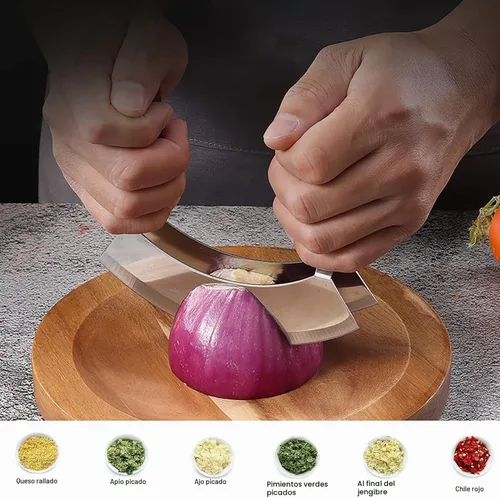 Vista 2 de Picador de ensalada con tabla de cortar redonda de madera, cuchillo Mezzaluna con cubierta protectora y mango antideslizante, cortador de verduras