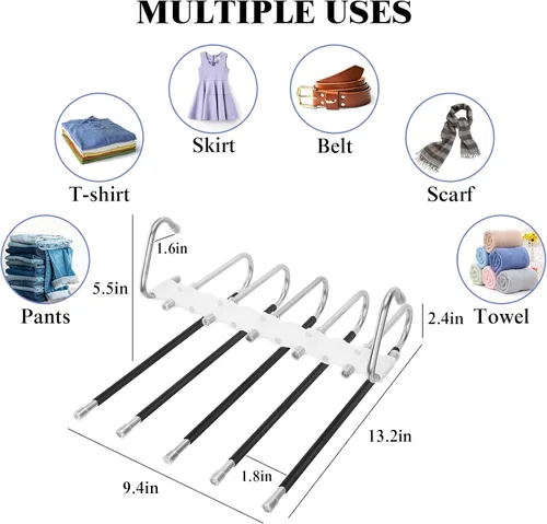 Vista 6 de SAN LIKE - Paquete de 2 perchas para pantalones de 5 capas que ahorran espacio, de acero inoxidable, 20 clips fijos, antideslizantes