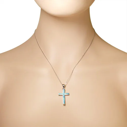 Vista 3 de Plata de ley 925Religiosa Cruz Azul turquoise-tone imitación Opal Colgante Collar