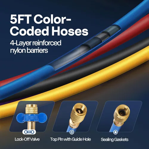 Vista 4 de VIVOHOME Bomba de vacío de HVAC de 1 etapa mejorada de 4CFM 1/3 HP y medidor de colector de CA de 4 vías con detector de fugas mangueras de 5 pies