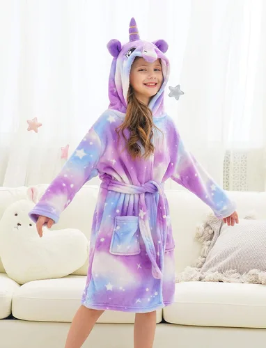 Vista 5 de Doctor Unicorn - Bata de baño suave con capucha de unicornio y estampado de galaxia para niña