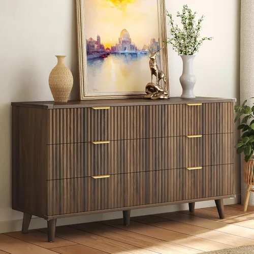 Vista 24 de Lulive Moderno juego de tocador y mesita de noche de 3 piezas, cómoda de 6 cajones + 2 mesitas de noche con patas de madera maciza (roble natural)