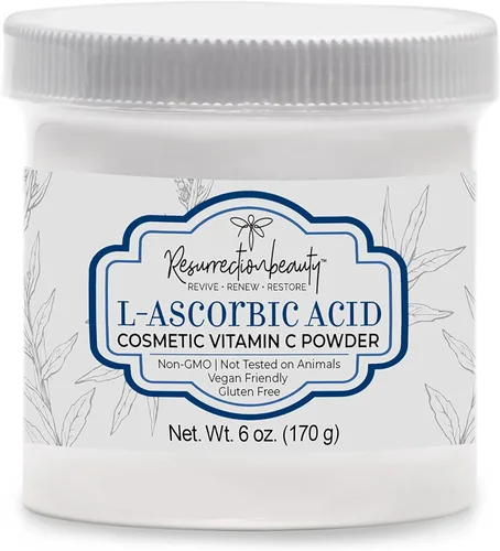ácido L-ascórbico en polvo, vitamina C, 6 onzas. Tarro. Para uso en sueros y formulaciones de cosméticos.