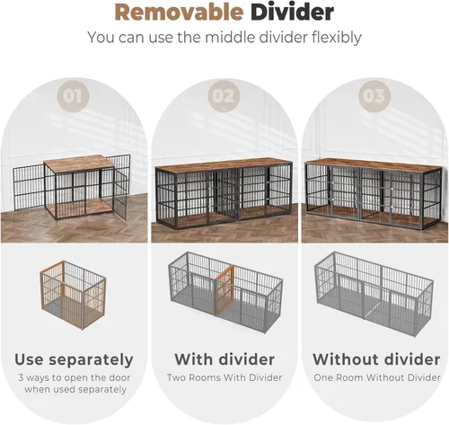 Vista 5 de Lyromix 94.48'' Mueble de jaula para perros de raza grande con soporte para TV de dos habitaciones, mesa auxiliar de jaula para perros de madera