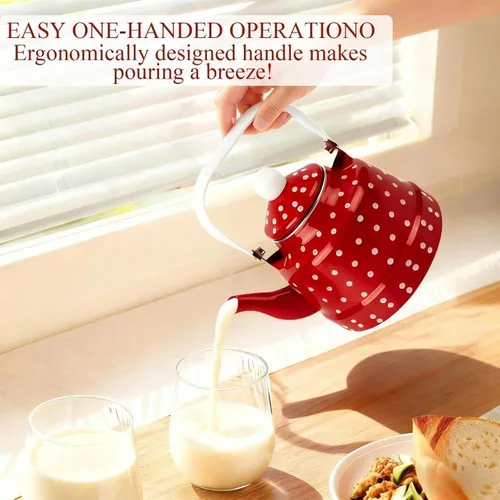 Vista 6 de Estufa de té esmaltada vintage de 1.8 cuartos de galón, tetera esmaltada con manchas rojas y blancas, esmalte en acero y café con asa, hervidor