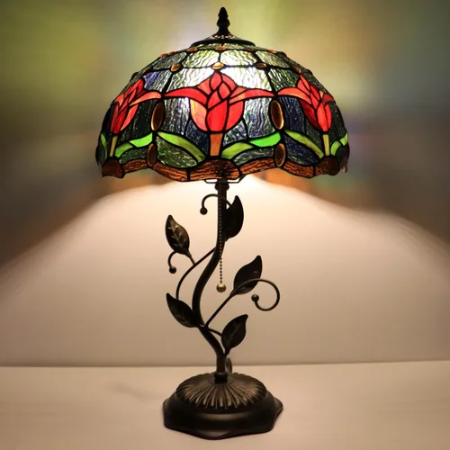 Tiffany Lamp Red Tulip Style Stained Glass Table Lamp Desk Bedside Reading Light 12X12X19 Inches with Metal Leaf Base