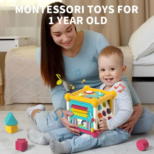 Vista 2 de Baby Activity Cube, Cube Toys for Babies 6-12 Months, Toddler Music Busy Board with 4 Sensory Shape Blocks, 6-in-1 Educational Early Development
