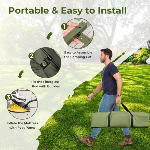 Vista 5 de GYMAX Tent Cot, 5-in-1 Folding Camping Cot with Mattress & Pillows, Sleeping Bags, Sunshade, Camping Tent Elevated with Carrying Bag for Outdoor