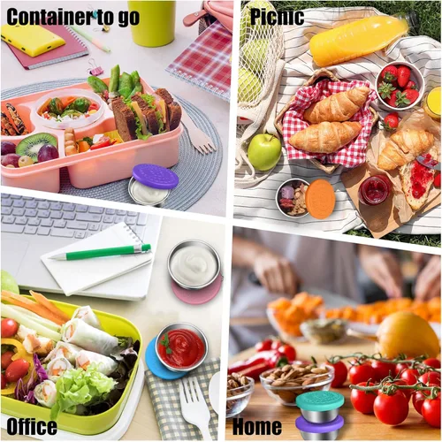 Vista 7 de Paquete de 6 recipientes pequeños de condimentos de 1.6 onzas con tapas, recipiente para aderezo de ensalada, recipientes reutilizables de acero