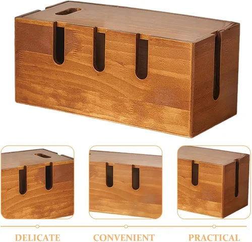 Vista 3 de TEHAUX Rustic Solid Wood Cable Organizer Container Power Strip Cord Management Case for Desk Router Storage for Office and Home Use