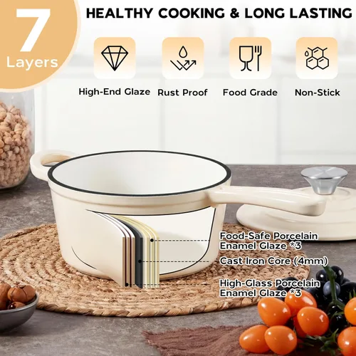 Vista 6 de Onader Enameled Cast Iron Sauce Pan, 1QT Small Saucepan with Lid, Cast Iron Sauce Pot, Enamel Dutch Oven, Nonstick & Heavy Duty – Cream White