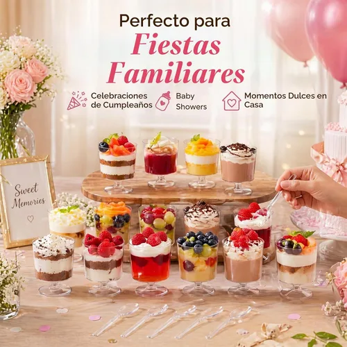 Vista 5 de Dandat 100 mini tazas de postre de 2 onzas con 100 cucharas de plástico transparente, tazones de mousse con pies y pedestal de frutas, parfait