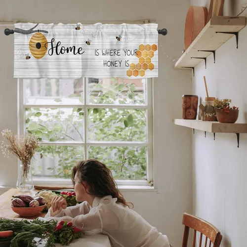 Vista 6 de Cortina de cenefa de ventana con diseño de abejas de miel, Home is Where Your Honey is Bee de grano de madera rústica, cortina opaca con bolsillo