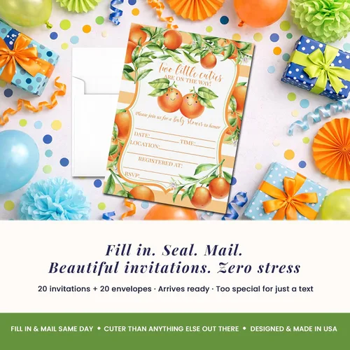 Vista 4 de AmandaCreation - Invitaciones florales de peonía morada para baby shower para gemelos, 20 tarjetas de relleno de 5 x 7 pulgadas con veinte sobres