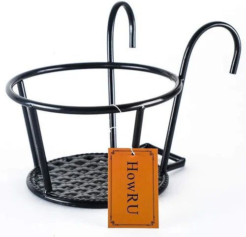 Vista 6 de HowRU Iron Art - Cestas colgantes para macetas de flores, macetas de metal sobre el riel, paquete de 3, color negro