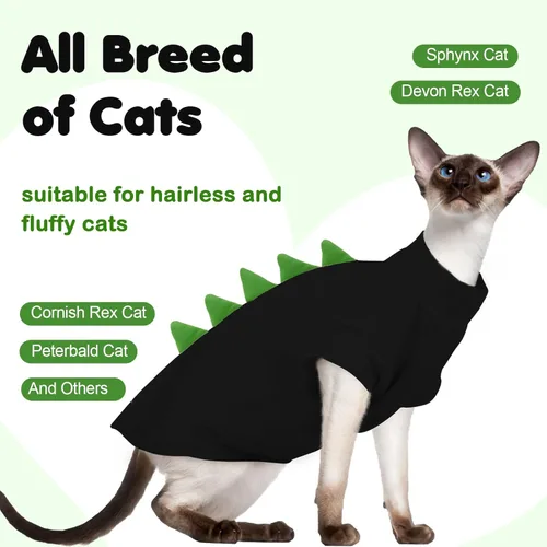 Vista 5 de DENTRUN Sphynx - Ropa de gato, lindo diseño de dinosaurio, disfraz de gato sin pelo, camisas de algodón transpirable, ropa de gato solo para gatos