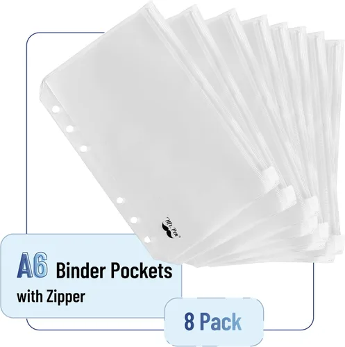 Vista 2 de Mr. Pen - Bolsillos para carpetas A6, paquete de 8, 6 agujeros, insertos de carpeta A6, sobres transparentes para efectivo, sobres de plástico
