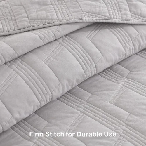 Vista 3 de HORIMOTE HOME Juego de edredón 100% algodón tamaño Queen, juego de colcha prelavada gris claro, funda de cama decorativa con costuras ligeras y 2
