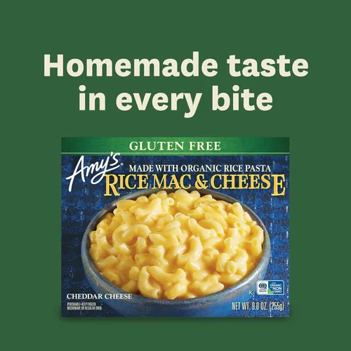 Vista 5 de Amy's Comidas congeladas, bandeja de pasta de arroz y queso, hecha con arroz orgánico y queso cheddar blanco, comidas para microondas sin gluten, 9