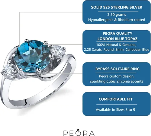 Vista 4 de Peora London Blue Topaz 3-Stone Ring for Women 925 Sterling Silver, Natural Gemstone, 2.25 Carats Round Shape 8mm, Sizes 5 to 9