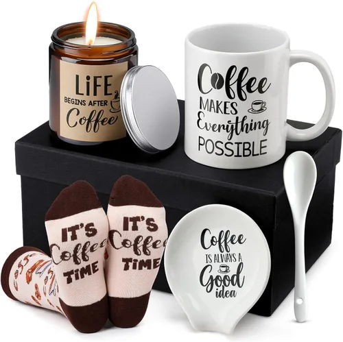 Vabean Juego de Regalo para Amantes del Café de 5 Piezas - Incluye Taza y Soporte para Cuchara, Vela y Calcetines, Canasta de Café para Hombres