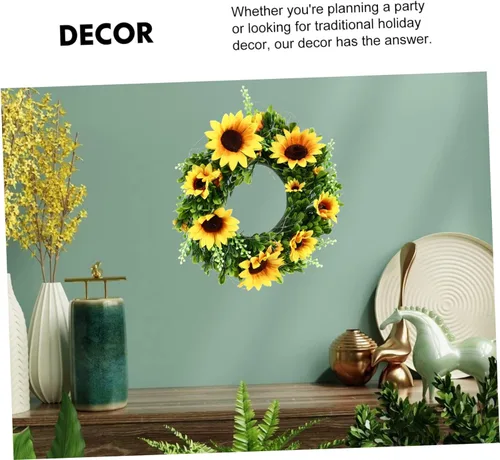 Vista 6 de Guirnalda de girasoles con luces para puerta de Acción de Gracias, coronas de girasol, coronas de girasol para puerta delantera, corona de puerta