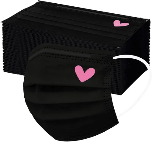 50 máscaras faciales desechables, bonitas máscaras rosas y negras con corazones impresos, protección facial completa de 3 capas para mujeres,