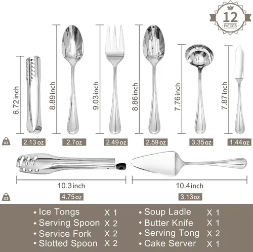 Vista 3 de KINGSTONE Juego de 12 Piezas de Utensilios de Servir en Forma de Lágrima, Utensilios de Servir de Acero Inoxidable 18/10, Cucharas Ranuradas