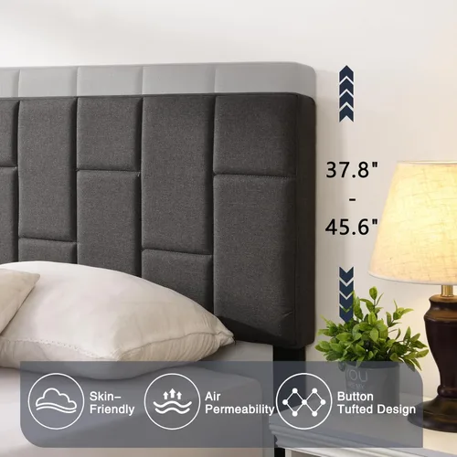 Vista 3 de Base de cama tamaño Queen con cabecero, base de cama tapizada con plataforma de lino con soporte de listones de madera, sin ruido, no necesita