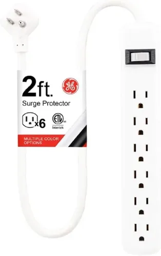 Vista 2 de GE - Protector de sobretensión de 6 tomas, extensión de 2 pies, regleta multicontactos, 450 julios, tapas de seguridad de cierre por torsión, Blanco
