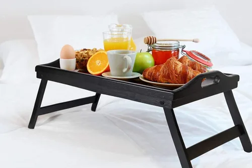 Vista 7 de Bandeja de cama con patas plegables de madera para servir desayuno en cama o bandeja para platos, mesa de TV, bandeja para computadora portátil