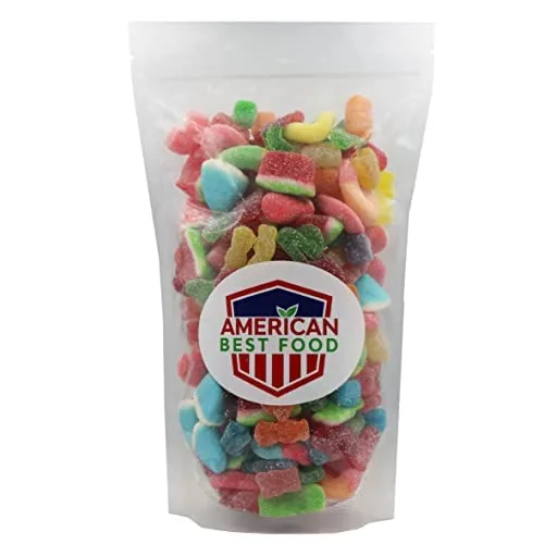 Vista 2 de Surtido de caramelos de gomitas ácidas a granel de 2 libras – Formas para niños, cubos, rebanadas de sandía, osos, cerezas gemelas, rodajas de mango