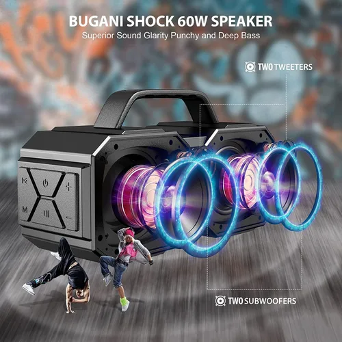 Vista 3 de BUGANI Altavoz Bluetooth de choque, portátil Bluetooth 5.3, impermeable, 60 W súper potencia, altavoz al aire libre, negro (nuevo modelo)