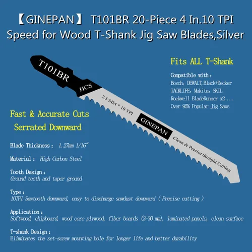 Vista 5 de Hojas de sierra de calar con mango en T, 20 unidades, T101BR con estuche, compatibles con Bosch Dewalt Black y Decker Juego de hojas de sierra
